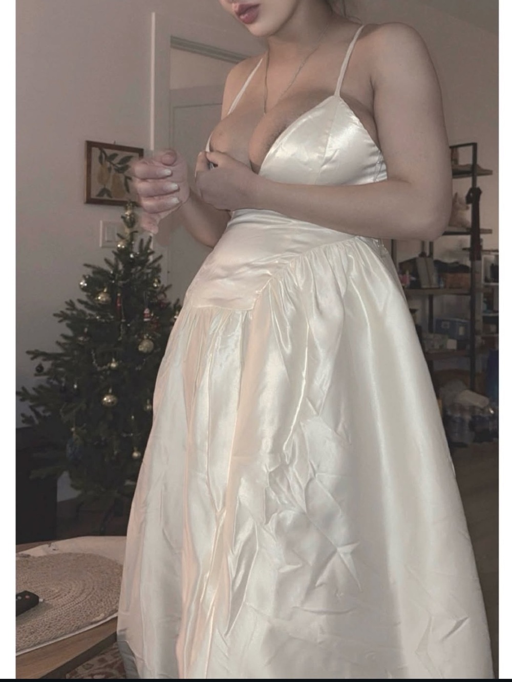 Elegant Ivory Satin Spaghetti-Strap Dress